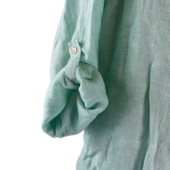 Tahari Top womens 1X Green Blue 100 % Linen Roll Tab Button Down Tunic Cottagcor - Picture 3 of 7